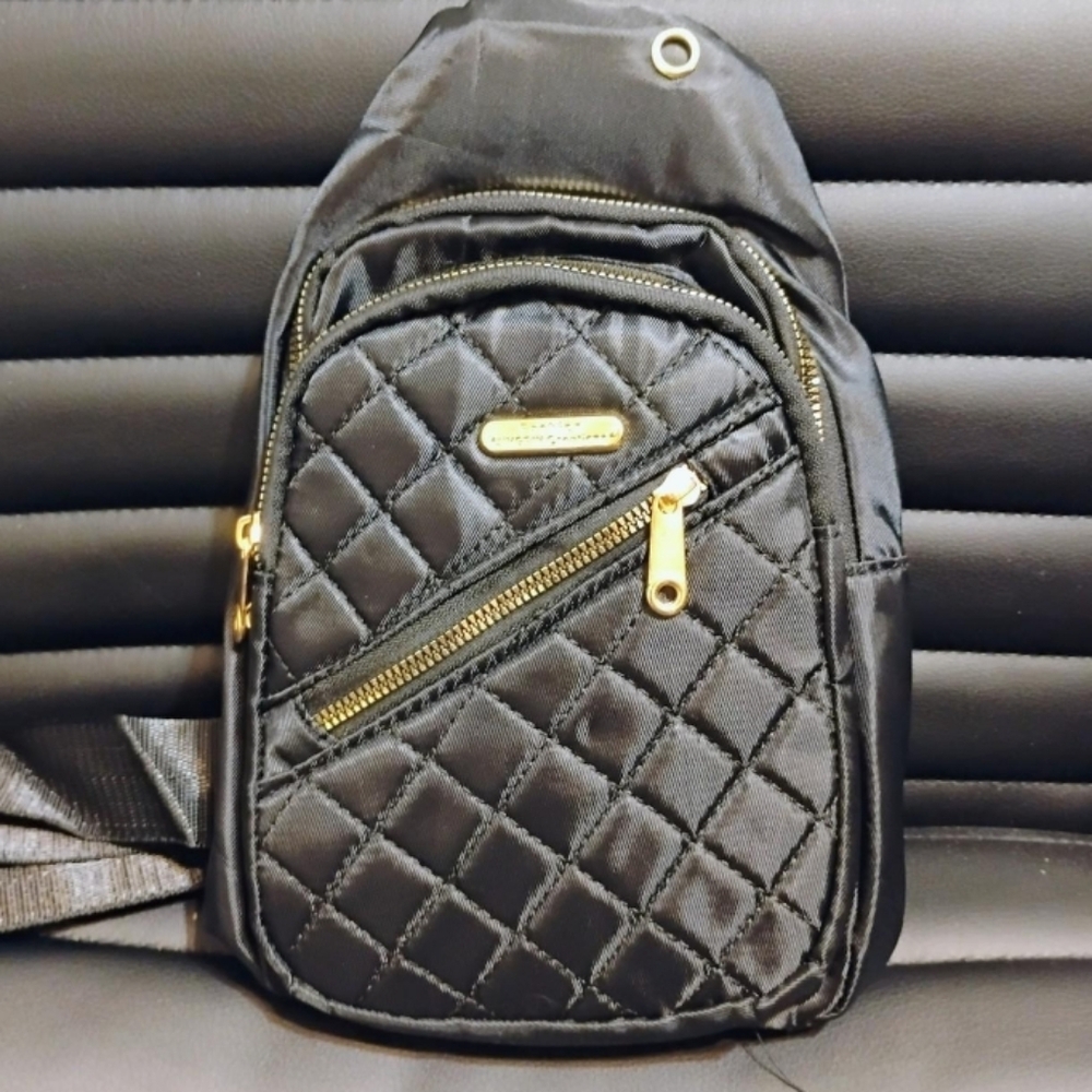 Black quilted crossbody bag with gold hardware